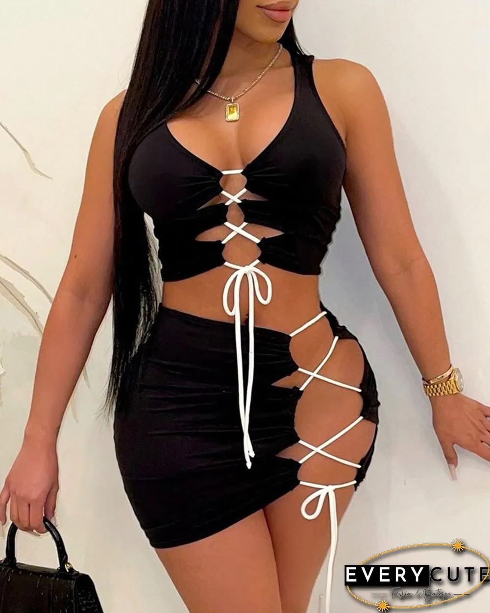 Lace Up Design Deep V Neck Sleeveless Two-Piece Dress