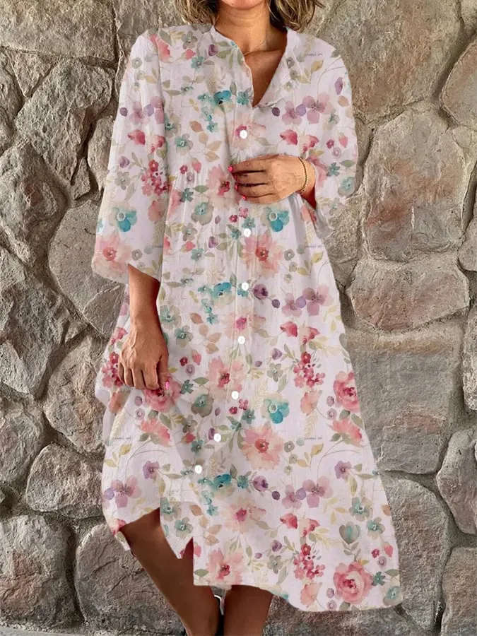 Women's Art Botanical Floral Print Single Breasted Pocket Dress