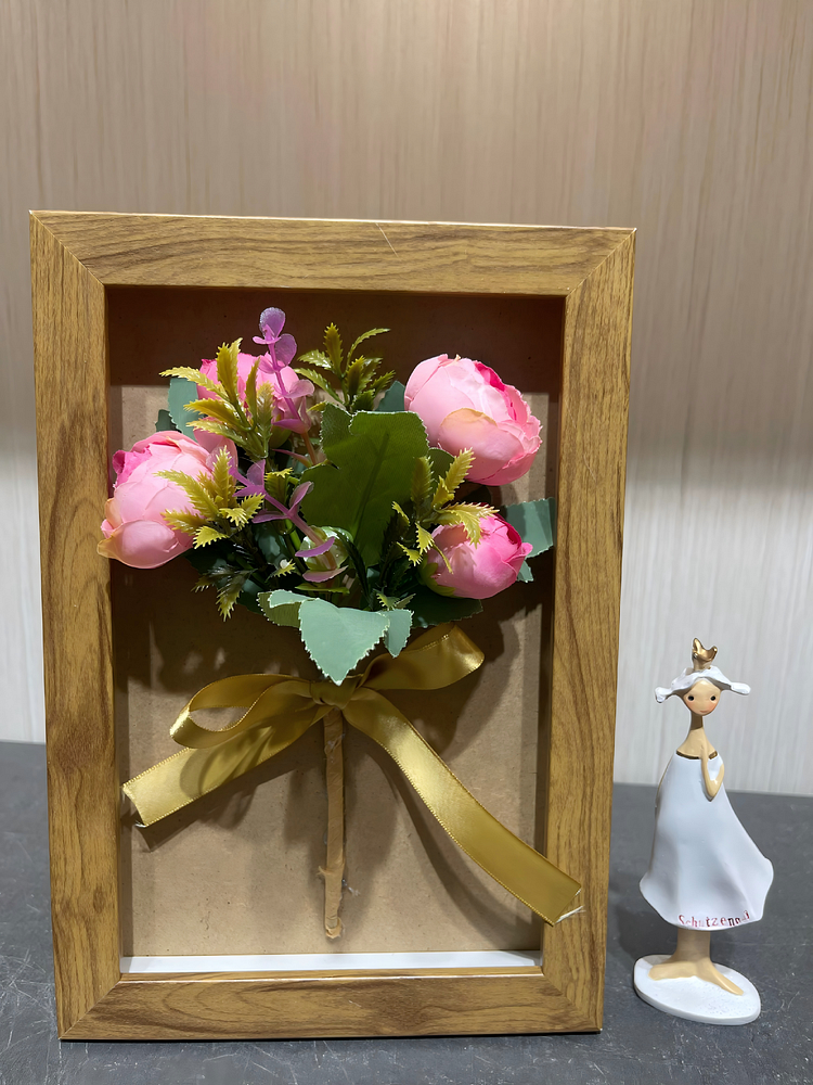 Pink Ranunculus Realistic Framed Bouquet (6.7*9.6 in) - 3D Artificial Flower Decoration for Living Room & Desktop