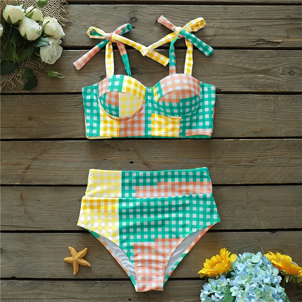2021 Sexy Colorful Plaid Bikini Set High Waist Swimwear Shoulder Strappy Bathing Suit Beachwear Biquini female