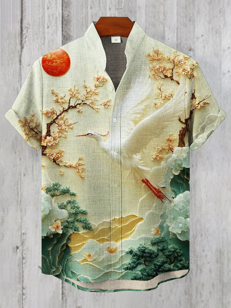 Japanese Art Crane Print Men's Linen Short Sleeve Shirt  artssus