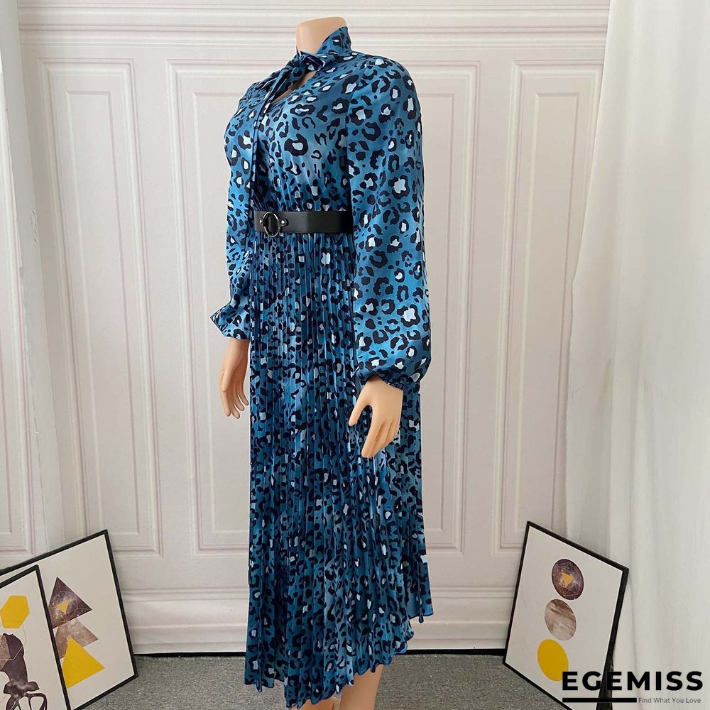 Long Sleeve Printed V-neck Pleated Dress | EGEMISS