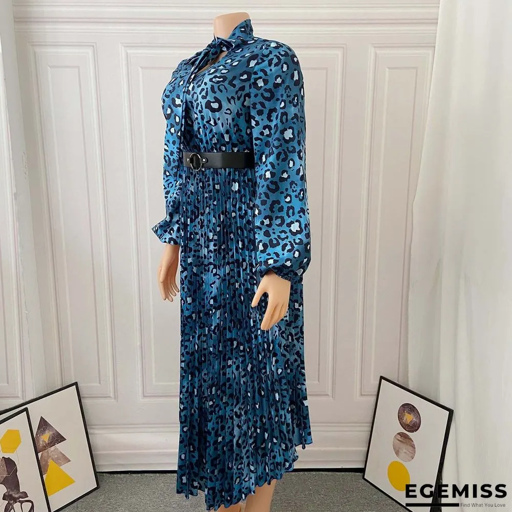 Long Sleeve Printed V-neck Pleated Dress | EGEMISS