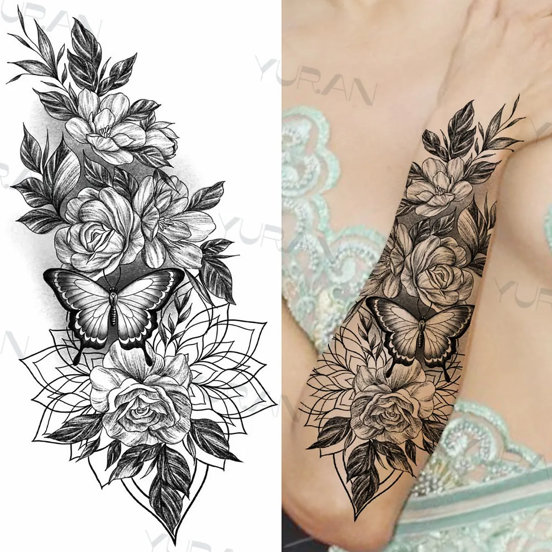 Black Large Snake Flower Fake Tattoo Sticker For Women Dot Rose Peony Temporary Tattoos DIY Water Transfer Tatoos Girls 530