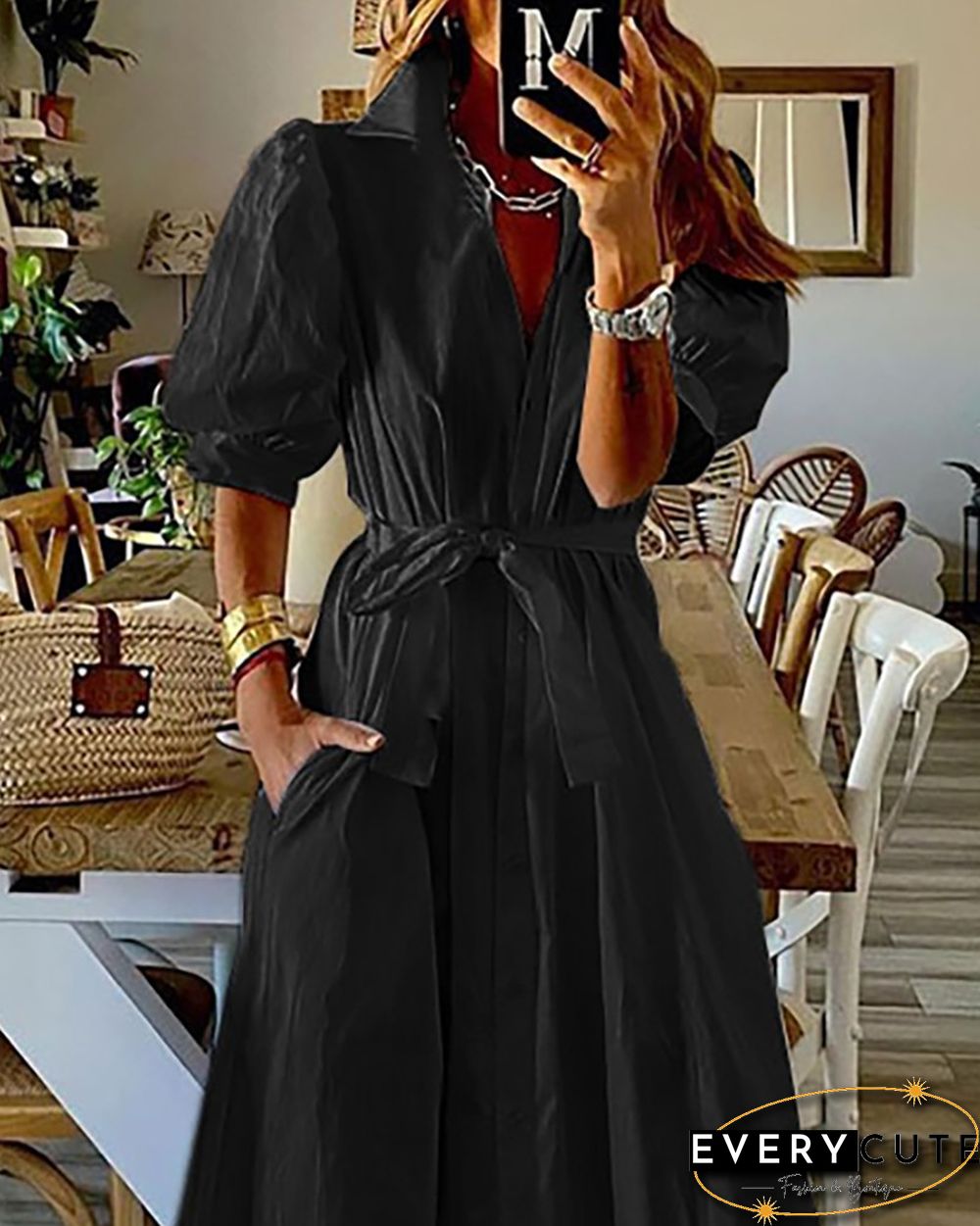 Puff Sleeve Button Front Tied Detail Shirt Dress