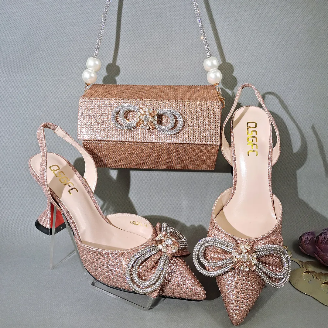 QSGFC 2022 Popular pointed Full of diamonds and shiny shoes with bags, banquet shoes and bags, and friends party shoes with bags