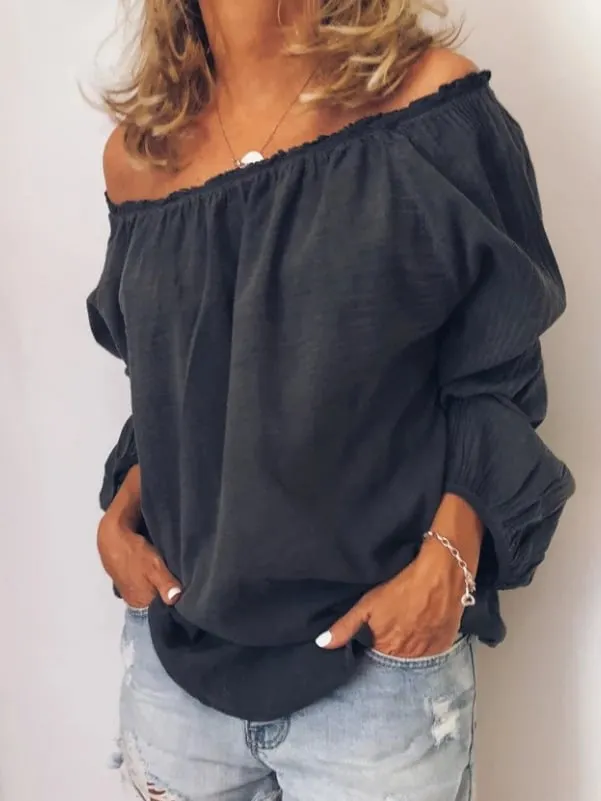 One-neck elastic pleated cotton and linen solid color long-sleeved women's shirt