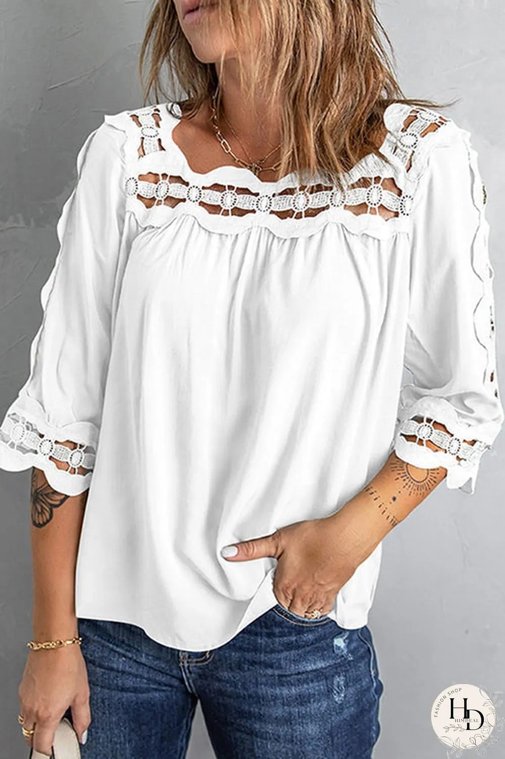 Crochet Trim Hollow Blouse