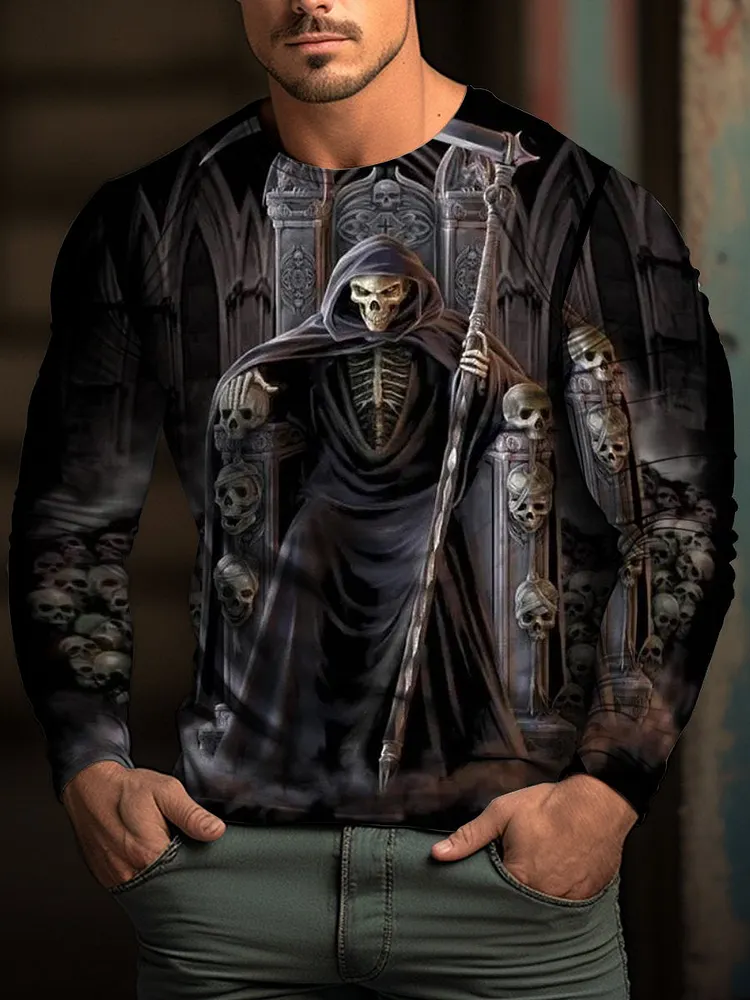 Men's Halloween Grim Reaper Ghost Skull Casual Print Long Sleeve T-Shirt