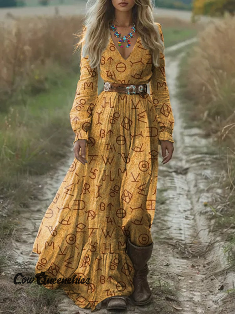Women&rsquo;s Yellow Vintage Cattle Brand Print Pocket Cotton Dress Multicolor / S