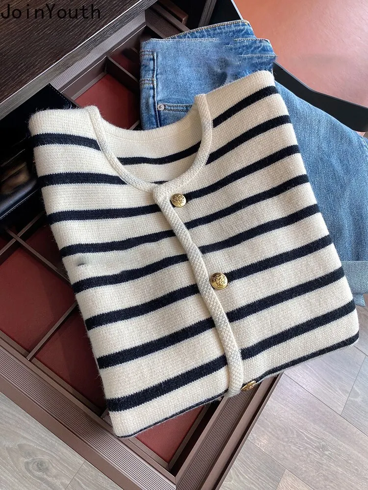 Nigikala Striped Cardigan Coat Women's Clothing O-neck Long Sleeve Sweet Knitted Korean Sweater Tops Pull Femme 2022 Ropa Mujer