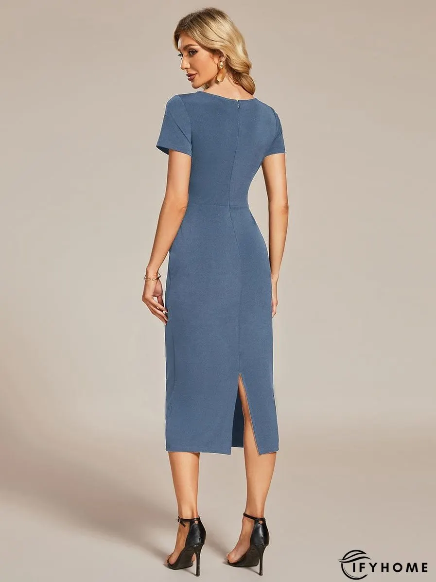 Elegant Deep V Neck Short Sleeve Cocktail Dress with Waist Belt | IFYHOME