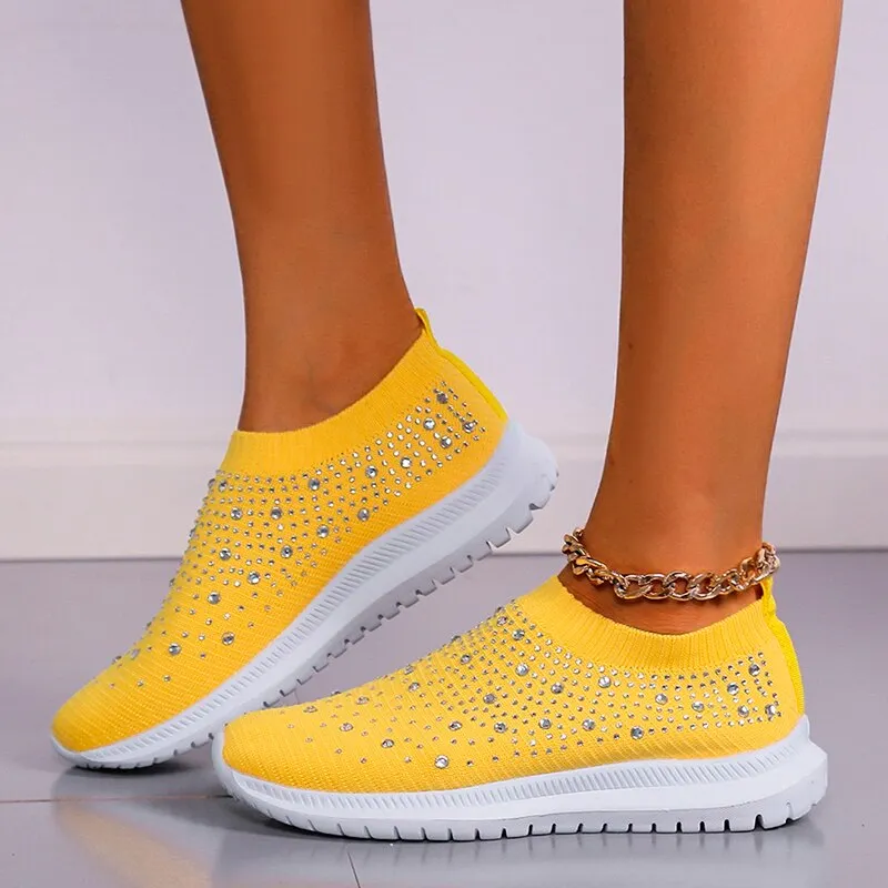 Shining Crystal Flats Shoes For Women Plus Size Breathable Mesh White Sneakers Woman 2022 Spring Summer Soft Sole Sports Shoes