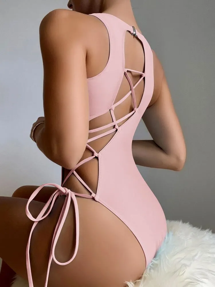 INGAGA Lace Up One Piece Swimsuit Solid Swimwear Women Sexy Cut Out Bodysuit 2022 Backless Bathing Suit Women High Neck Monokini