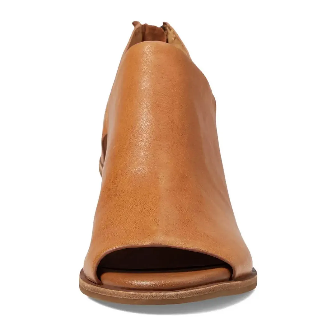 Tan Peep Toe Block Heel Cut-Out Ankle Boots with Back Zipper