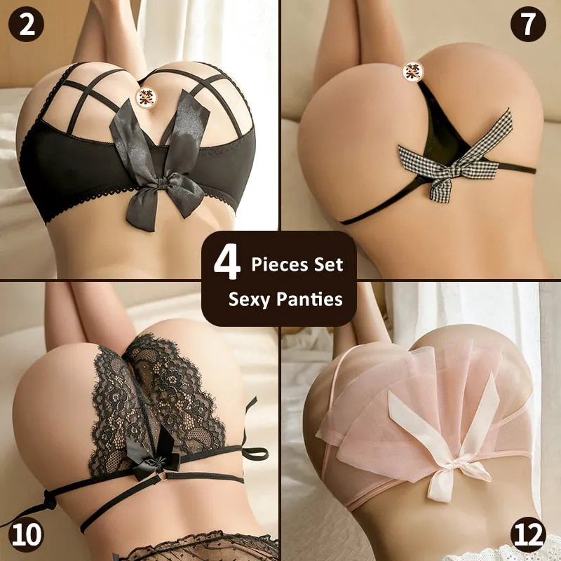 16 Types Of Porno Open Crotch Sexy Panties Lace See Through String Briefs 4 Pcs Set Cute Bow Knot Thong Sex Underwear For Women
