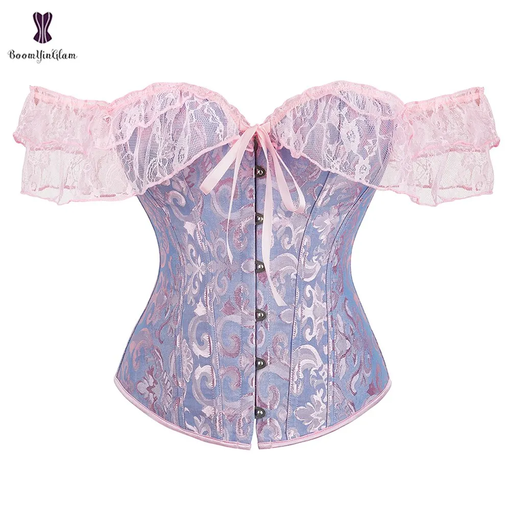 Uaang Women's Princess Renaissance Corset Black White Red Green Beige Floral Lace Short Sleeves Elegant Halloween Bustier Top