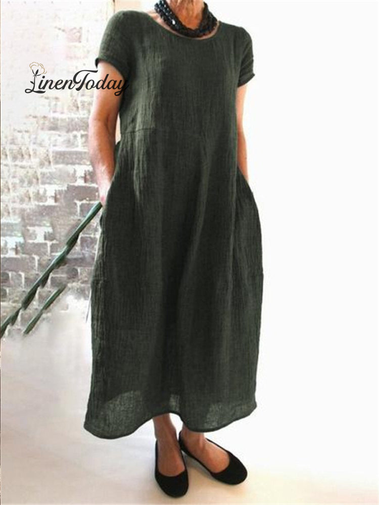 Women&rsquo;s Solid Color Plus Size Cotton And Linen Dress Armygreen / S