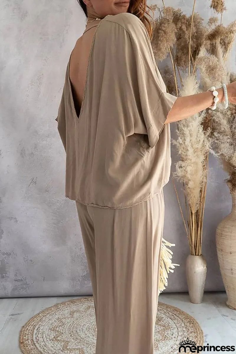 V Neck Bat Blouse Pants Set