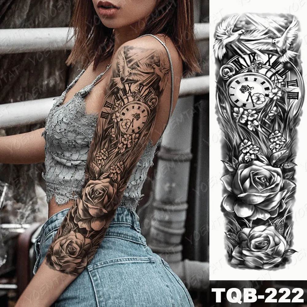 Large Arm Sleeve Tattoo Bird Crow Forest Moon Waterproof Temporary Tatto Sticker Lion Wolf Clock Body Art Full Fake Tatoo Men