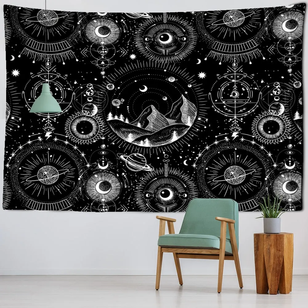 White Black Sun Moon Mandala Starry Sky Tapestry Wall Hanging Bohemian Gypsy Psychedelic Tapiz Witchcraft Astrology Tapestry