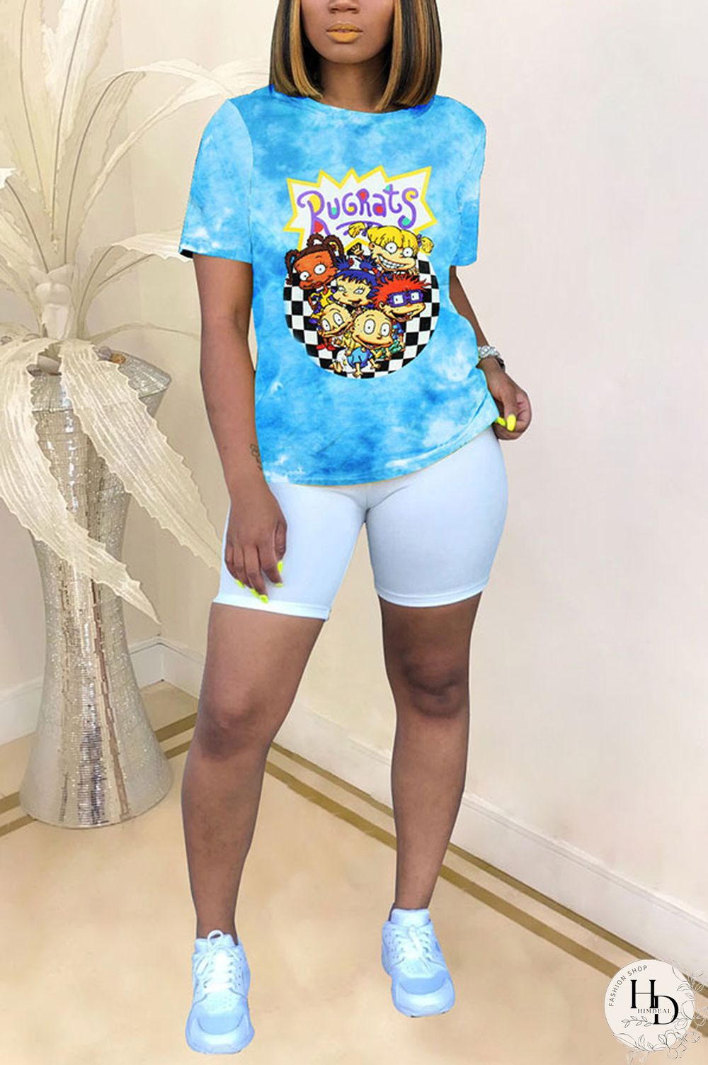 Blue White Blue Orange Yellow colour Polyester O Neck Short Sleeve Patchwork Print Character Tops