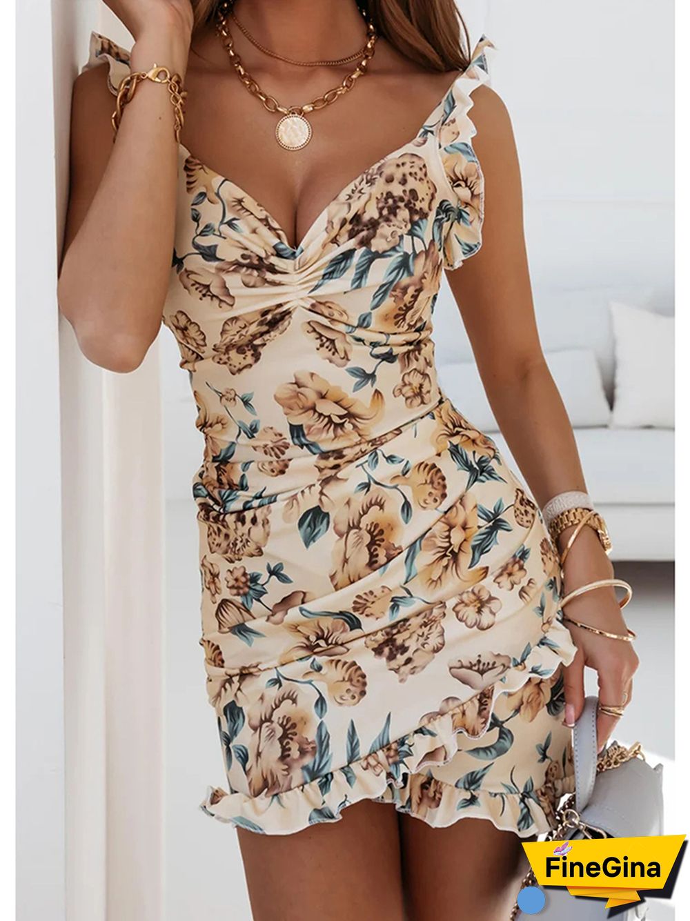 Summer Sexy Spaghetti Mini Dress For Women Floral Print Elegant Ladies Ruffles Party Bodycon Slim Irregular Dresses Femme