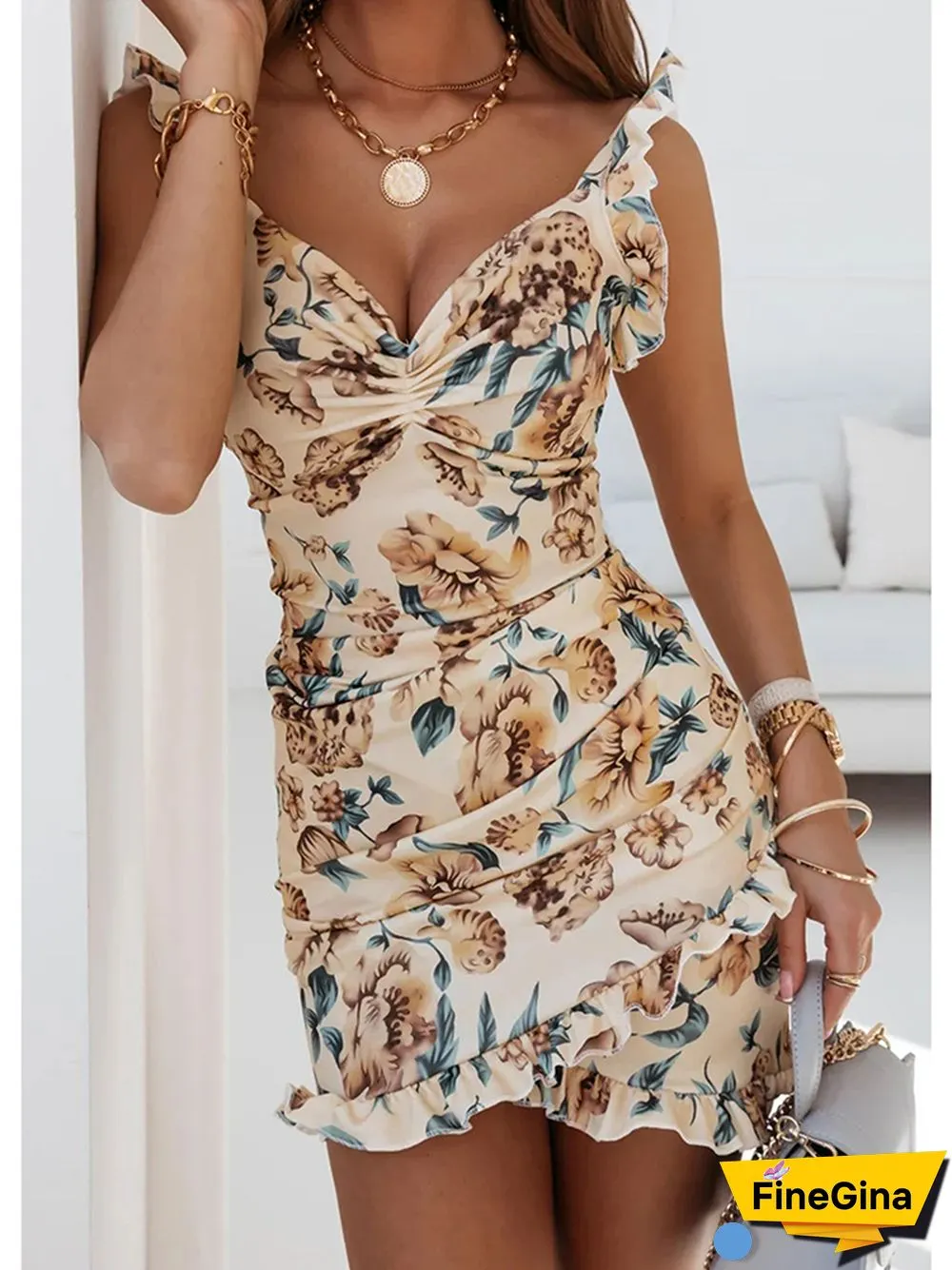 Summer Sexy Spaghetti Mini Dress For Women Floral Print Elegant Ladies Ruffles Party Bodycon Slim Irregular Dresses Femme