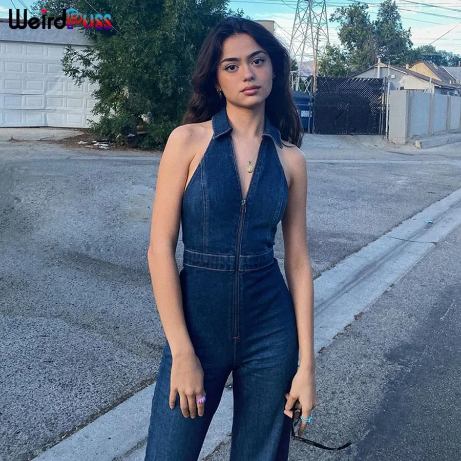 Weird Puss Cotton Elegant Denim Jumpsuit Women Sleeveless Zipper Fashion Hipster Casual High Street Wide Legs Activewear Outfits