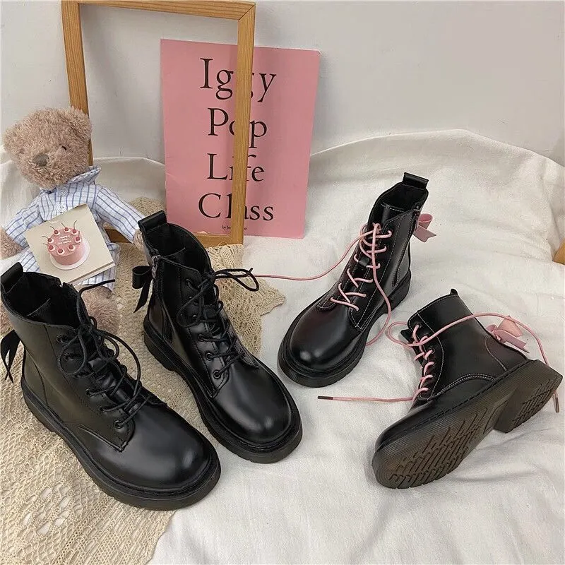 Shoes Women Pink Bow  Boots Woman Student Short Boots British Style Thick Bottom Plus Velvet All-match Single Boots