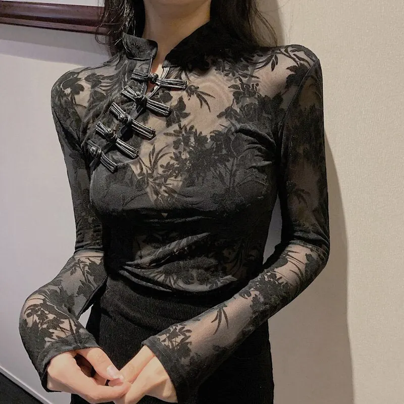 Long Sleeve Slim Chinese Y2K Turtleneck Black Sexy Blouses Top for Women 2022 New Vintage See Through Lace Women's Shirt 11350