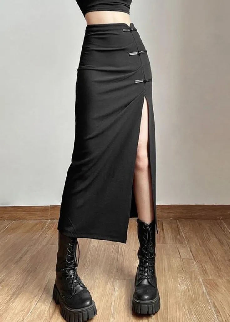 Vintage Black Side Open Button Long Skirt Summer