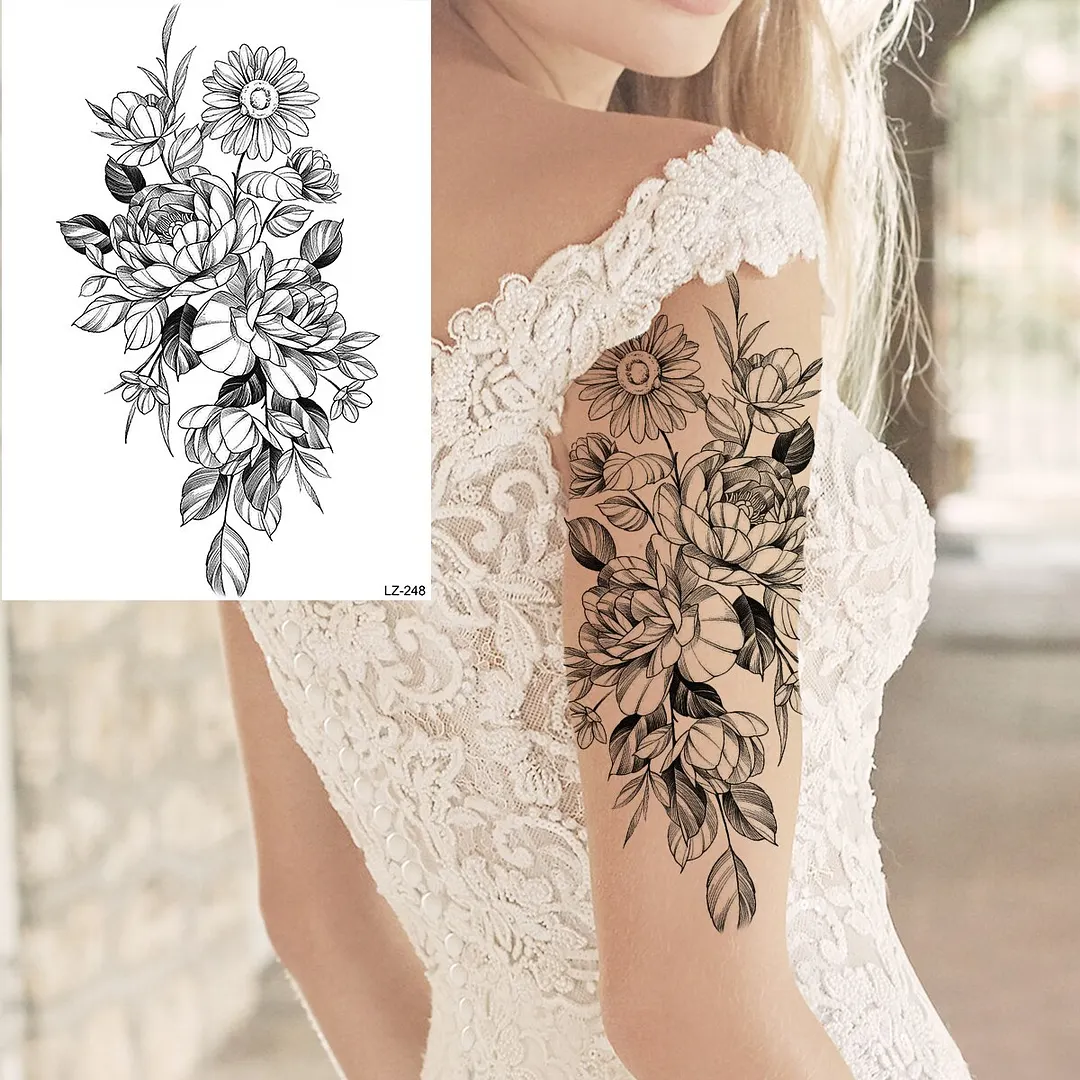 Sdrawing Peony Flower Temporary Tattoos For Women Adults Realistic Compass Moon Pendant Fake Tattoo Sticker Arm Body Tatoos