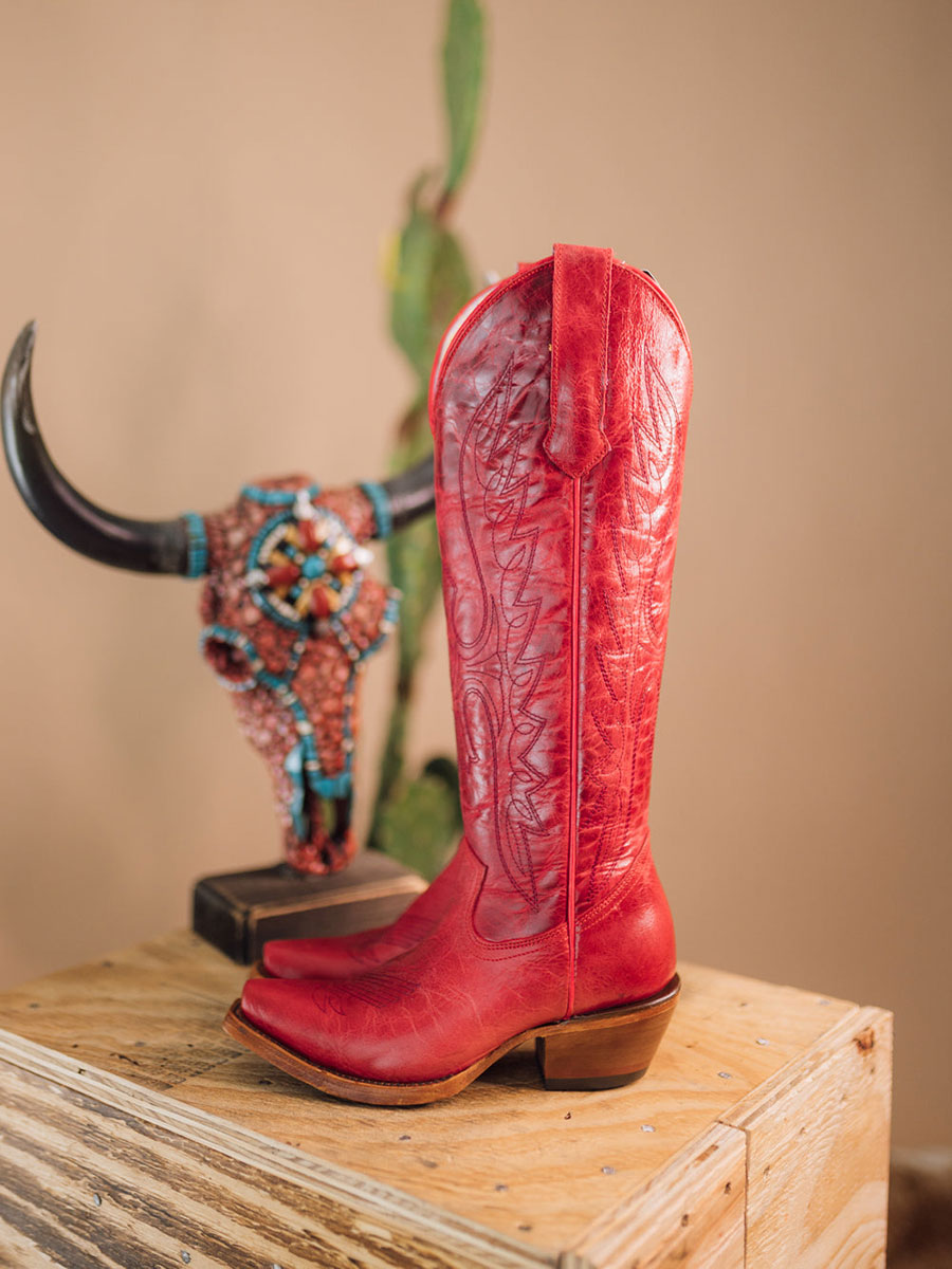 Red Snip Toe Embroidered Knee Chunky Heel Distressed Cowgirl Boots