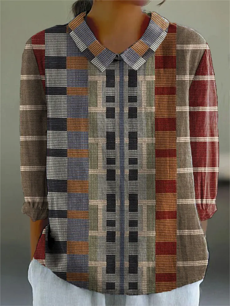 Mid-Century Geometric Pattern Printed Women's Casual Cotton And Linen 3/4 Sleeve Shirt