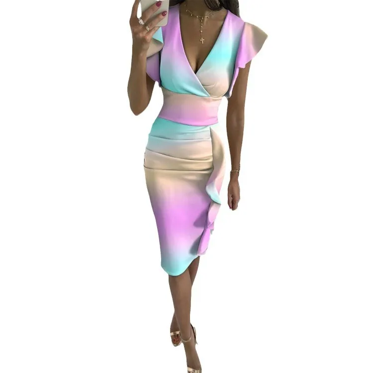 Uveng Uveng New Multi-Color Printing Dress V Collar Lotus Edges Sexy High-Waisted Dress