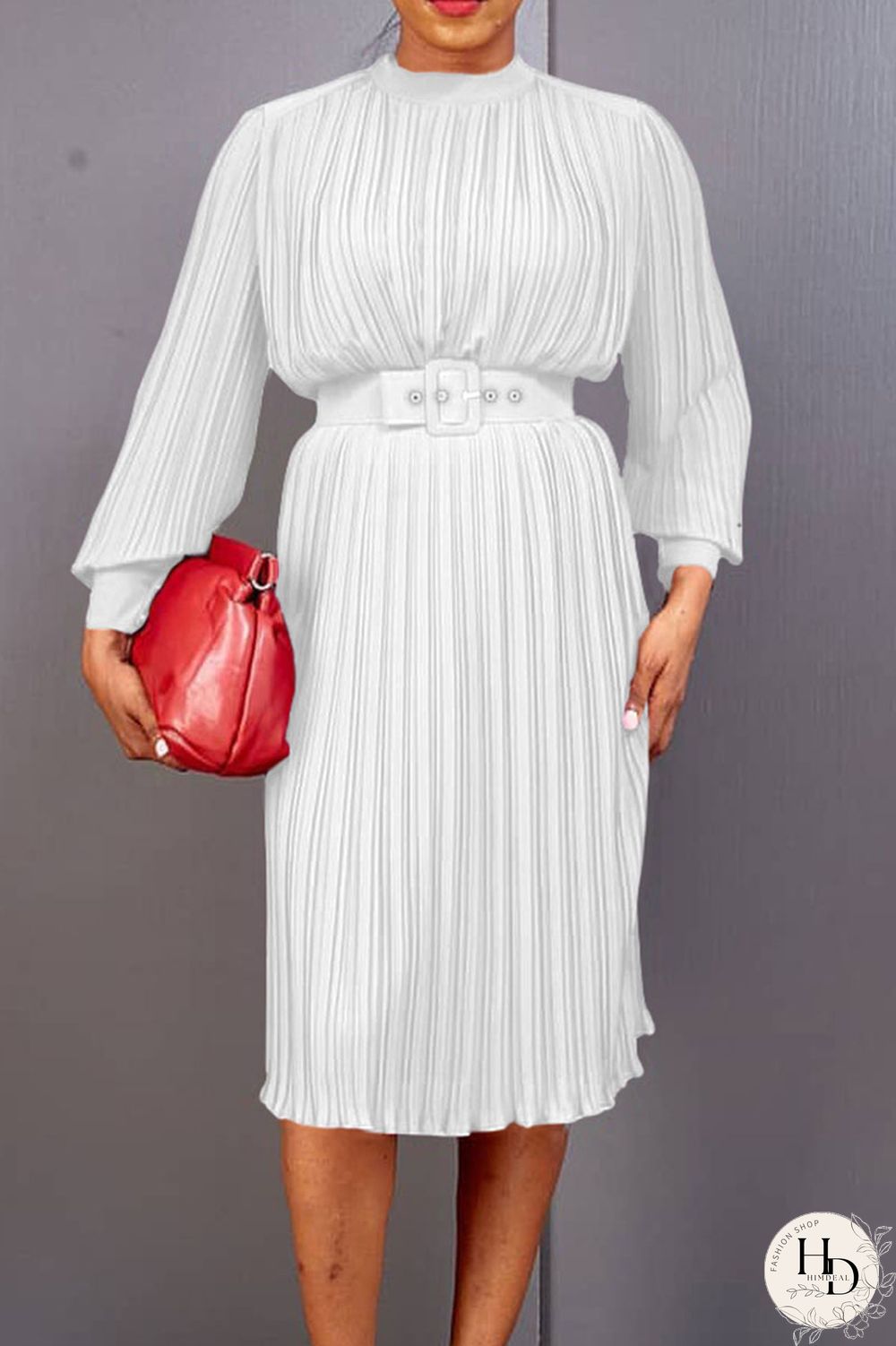 White Casual Solid Patchwork Fold With Belt O Neck Straight Dresses
