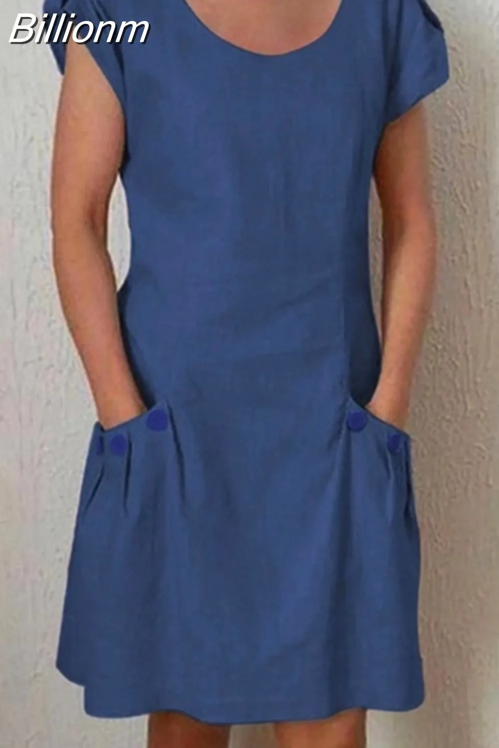 Billionm Color Button O Neck Cotton Linen Summer Dress Women Vintage Short Sleeve Pocket Knee Dress Casual Loose Plus Size Dresses