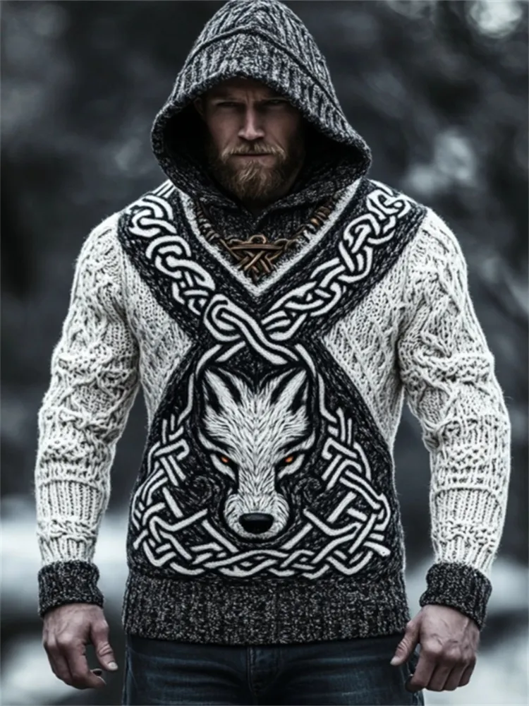 Men's Viking Wolf Celtic Contrast Cozy Chunky Hooded Sweater