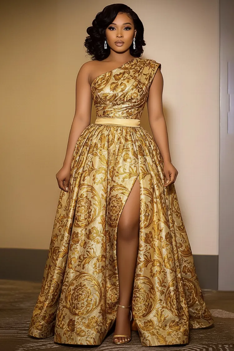 open lace back dress Zapaka Women Golden One Shoulder Glitter Prom Dress Fringe Sequin Evening Dress with Slit, Golden / US26W