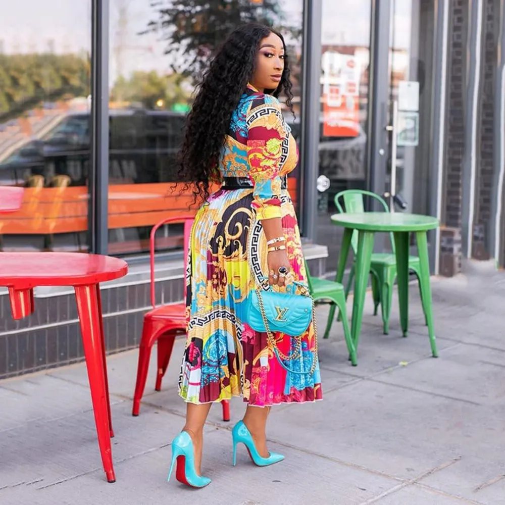 Uveng Uveng Spring And Summer New Wish Dress Large Size Women's Clothing Literary Print 100 Fold Seven Sleeve Long