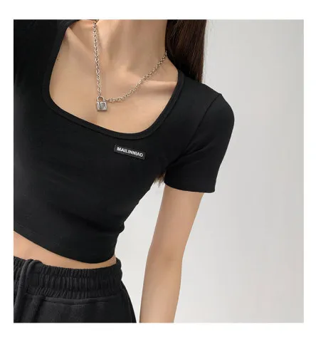 Brownm Brownm Collar Dew Collarbone Slim Bottom Shirt 2024 Summer New Short-Sleeve Crop Cord T-Shirt Student Short Jacket Female Ins