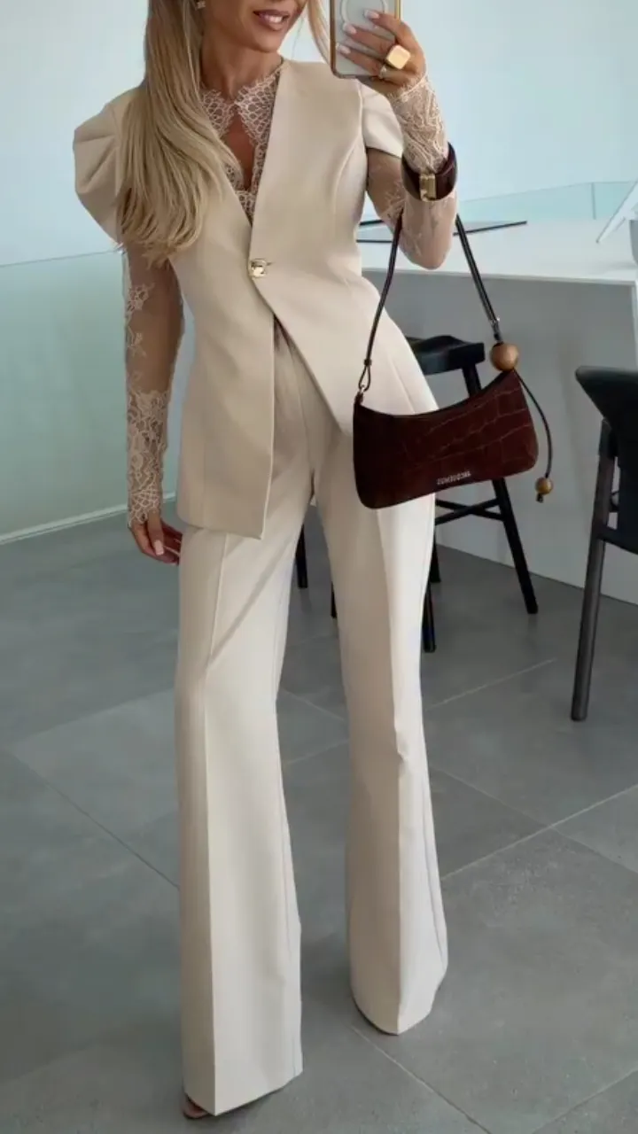 Beige Lace Sleeve Blazer Pants Set
