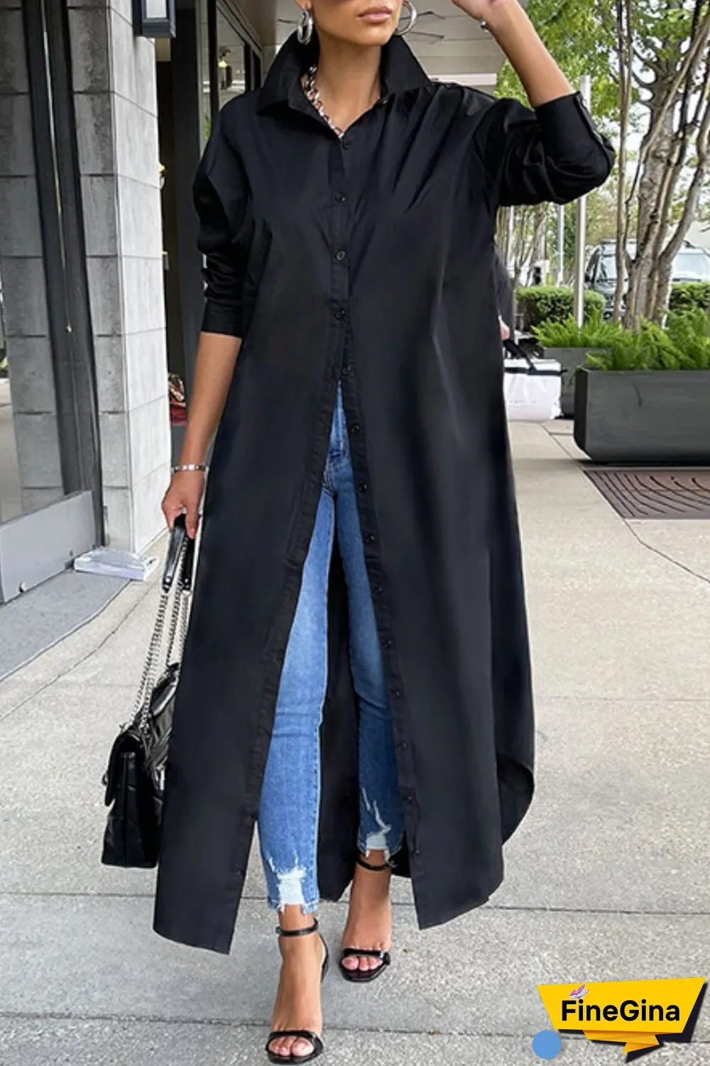 Grey Casual Solid Patchwork Shirt Collar Shirt Dress Dresses
