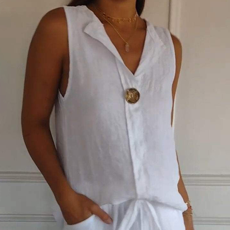 Comstylish Casual cotton and linen sleeveless button v-neck top