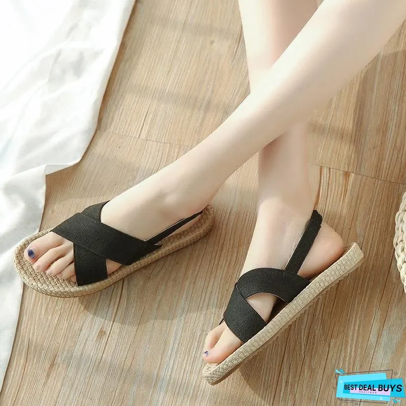 Beach Open Toe Linen Flat Sandals