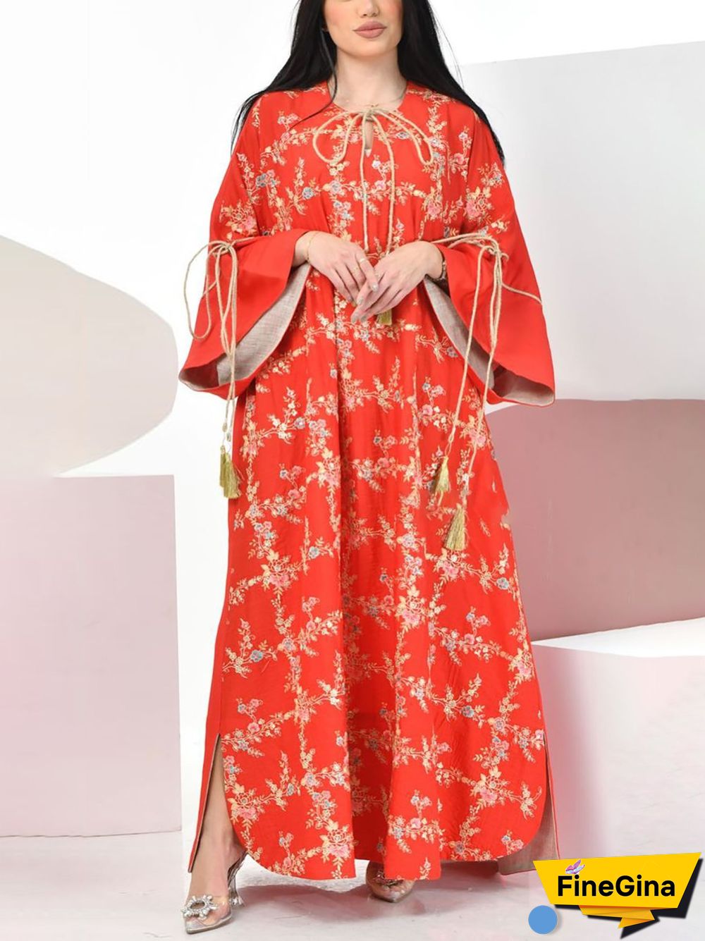 Serried Pattern Lace-Up Red Dress