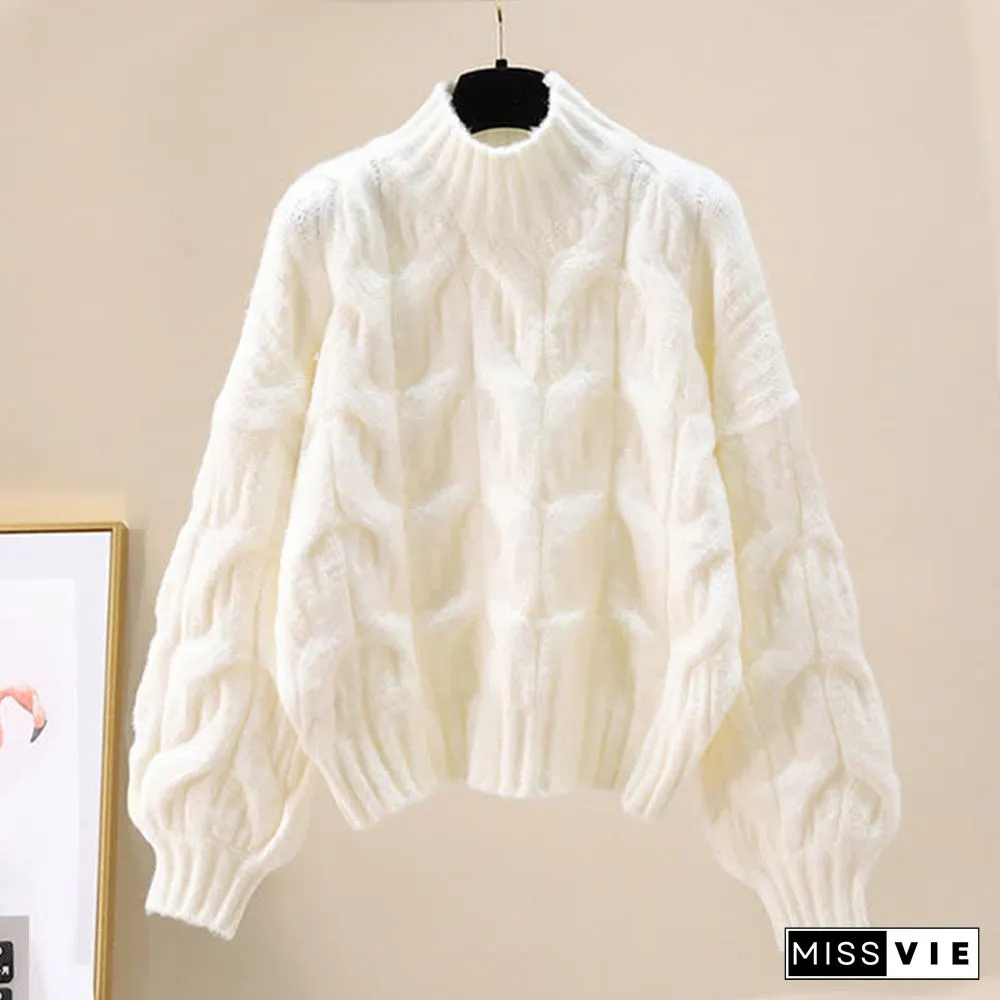 Chic Pure Color Cable Sweater Plush Pants Two Pieces Set