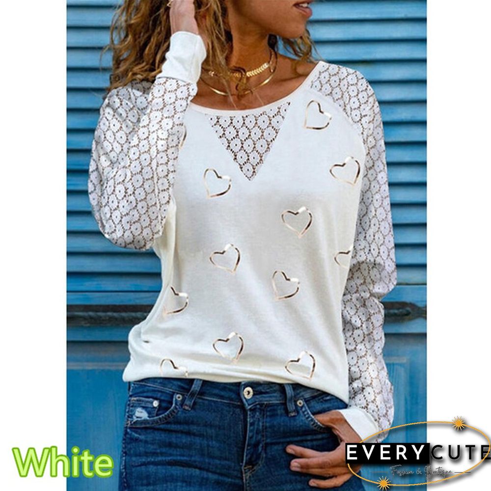Spring and Early Autumn New Fashion Women's Love Printed Lace Long Sleeve Casual Top Loose Plus Size Soft and Comfortable Round Neck Bottoming Shirt XS-5XL
