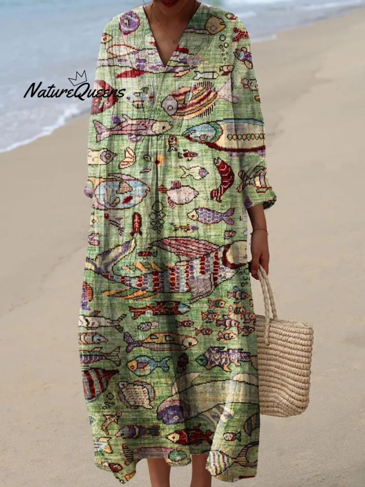 Women's Vintage Lovely Fish Art Print Flowy Dress